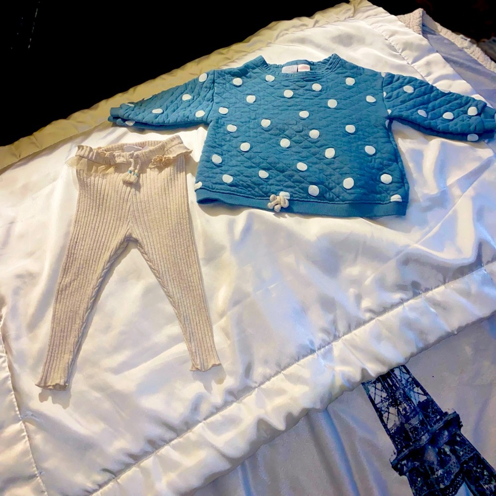 Zara polka dot sweater and ruffled beige leggings